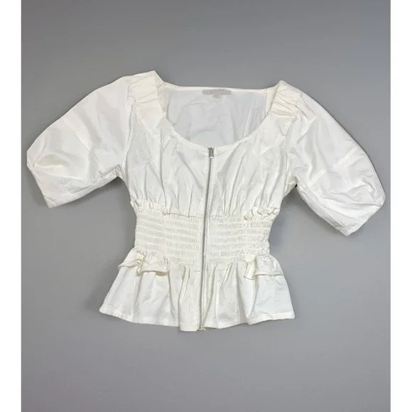 Allsaints Elektra Zip Front Top Women's Size 6 Puff Sleeve Smocked Waist White - Picture 8 of 8